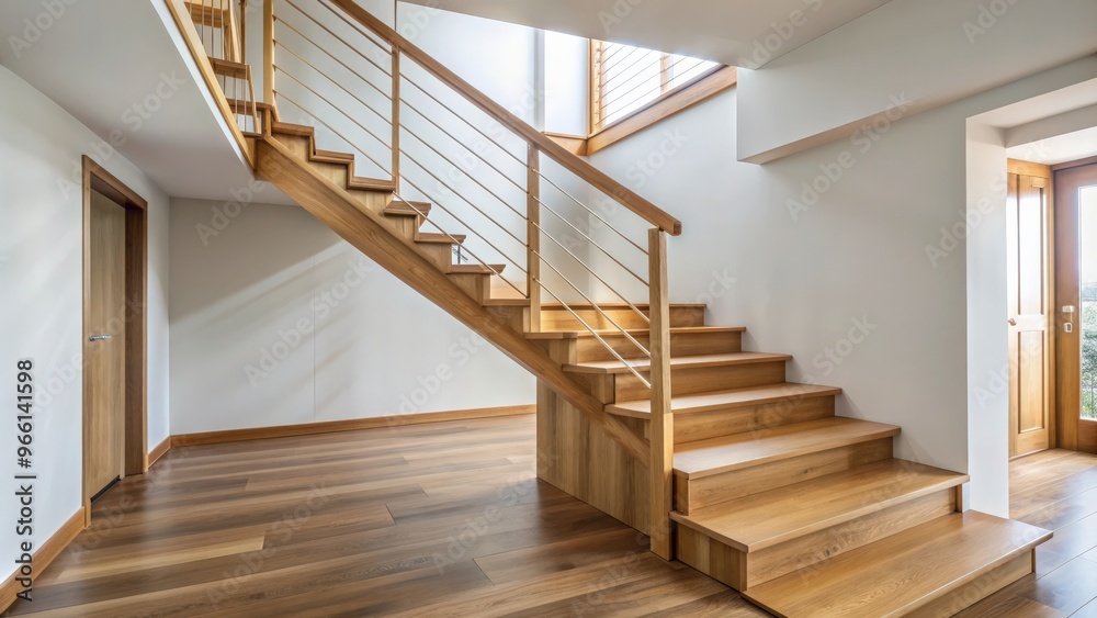 Fototapeta premium Wooden staircase in an apartment with steps and handrail
