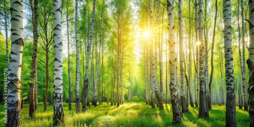 Obraz premium Sunlight filtering through lush green trees in a sunny birch forest during summer