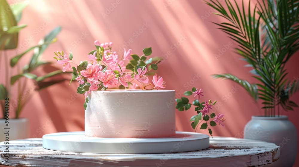 Fototapeta premium Beautiful Cake with Pink Flowers, Vibrant Floral Backdrop for Celebrations and display product.