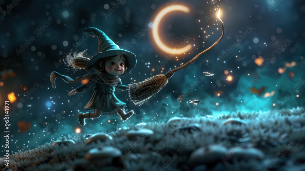 Naklejka premium A whimsical scene of a witch in a hat with a broomstick, glowing moonlight and stars creating a magical nighttime atmosphere.