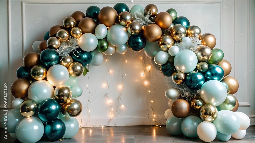 A green balloon arch adorned with fairy lights woven through the balloons on white background A green balloon arch adorned with fairy lights woven through the balloons on white background