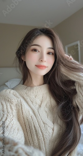 Photo of a beautiful Japanese woman with long hair, an aura of a gentle smile, wearing a beige-white sweater, in a bedroom setting, in a close-up selfie. photo