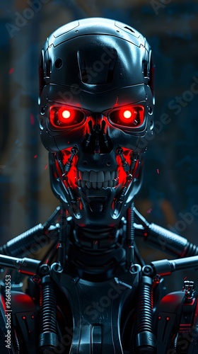 Close-up of a Glowing Red-Eyed Cyborg with a Grimacing Expression