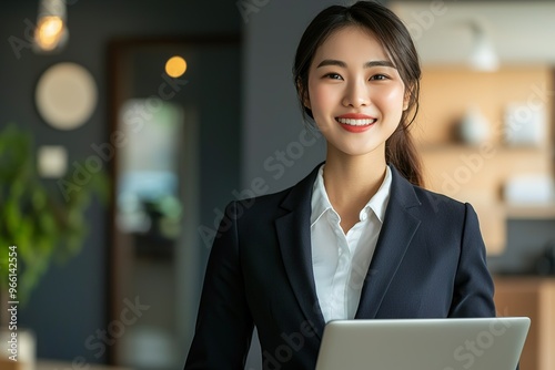 Young Asian business woman smiling and holding a laptop in an office. Korean young female real estate agent wearing a dark blue suit and white shirt, standing in a home and looking happy.