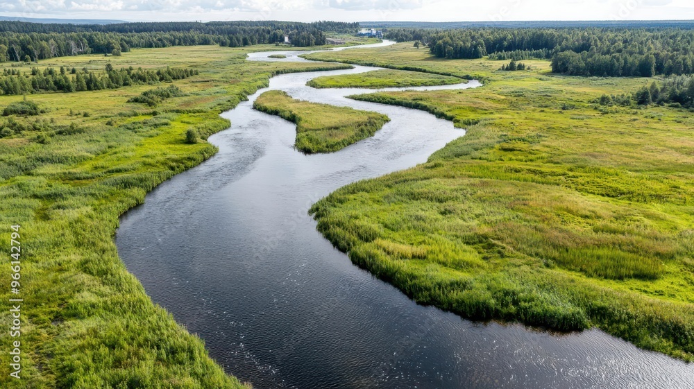 Birds-eye view of a river near a paper mill, with water waste management systems visible, Environmental impact of papermaking, sustainability, nature Birds-eye view of a river near a paper mill, with water waste management systems visible, Environmental impact of papermaking, sustainability, nature