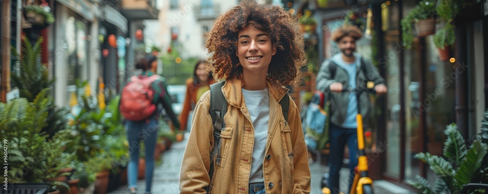 A group of young adults wearing sustainable, recycled clothing, smiling and enjoying an urban setting, advocating for green fashion. A group of young adults wearing sustainable, recycled clothing, smiling and enjoying an urban setting, advocating for green fashion.