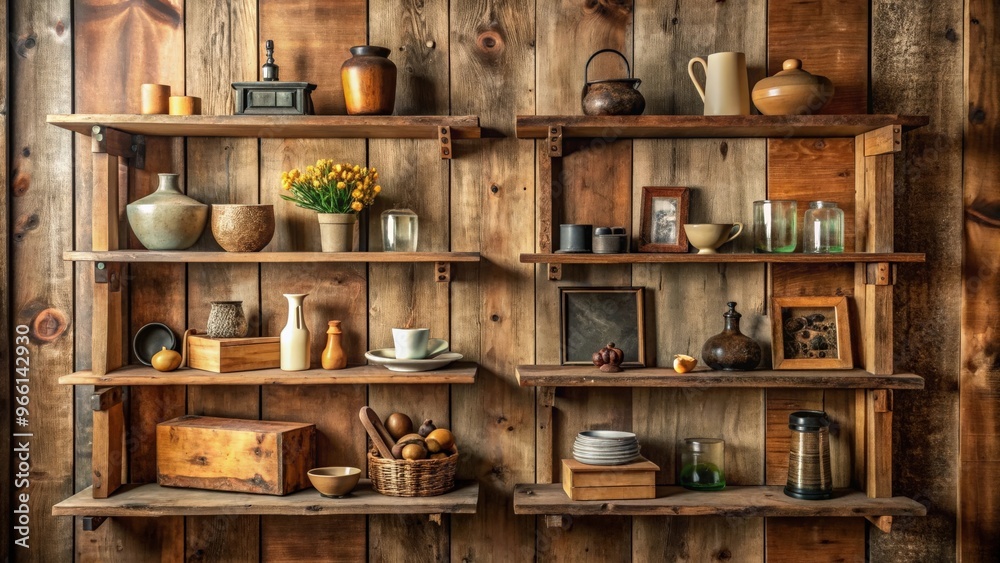 Rustic wooden shelves in isolated setting with antique decor items Rustic wooden shelves in isolated setting with antique decor items