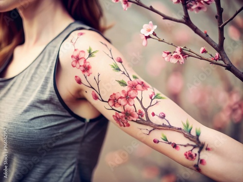 Delicate cherry blossom branches and leaves intertwine with subtle kanji script on a serene, toned arm, showcasing a photo