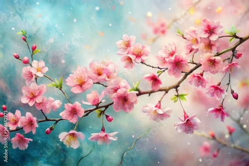 Delicate cherry blossoms and wispy brushstrokes dance across a soft, dreamy background, evoking a serene and ethereal photo