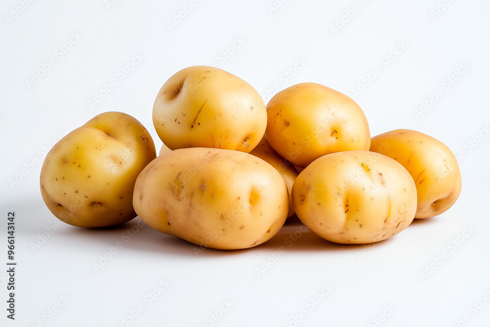 stack of raw potatoes on white background