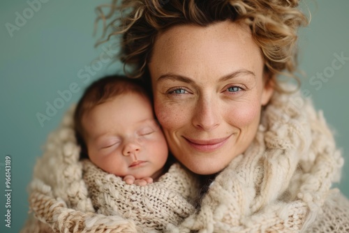 Tender moment of mother holding newborn in cozy knit blanket