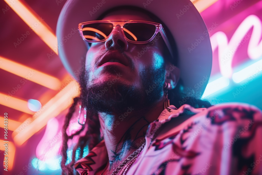 Musician embracing the rhythm in neon lights while playing air guitar Musician embracing the rhythm in neon lights while playing air guitar