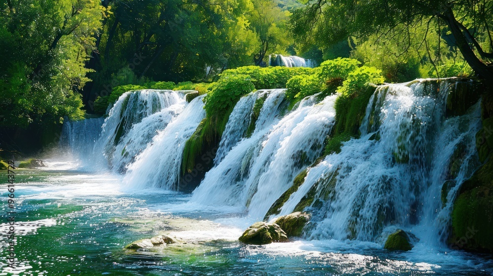 Obraz premium Cascading Waterfalls in a Lush Forest