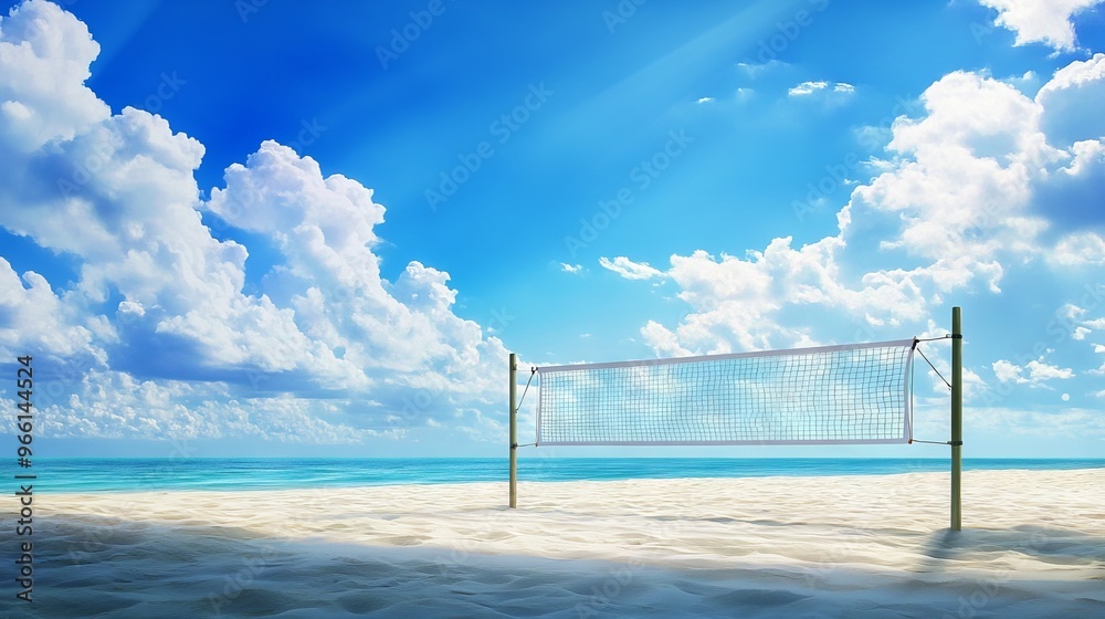 Beach Volleyball Court with Blue Sky and Sea Background - AI generated illustration Beach Volleyball Court with Blue Sky and Sea Background - AI generated illustration