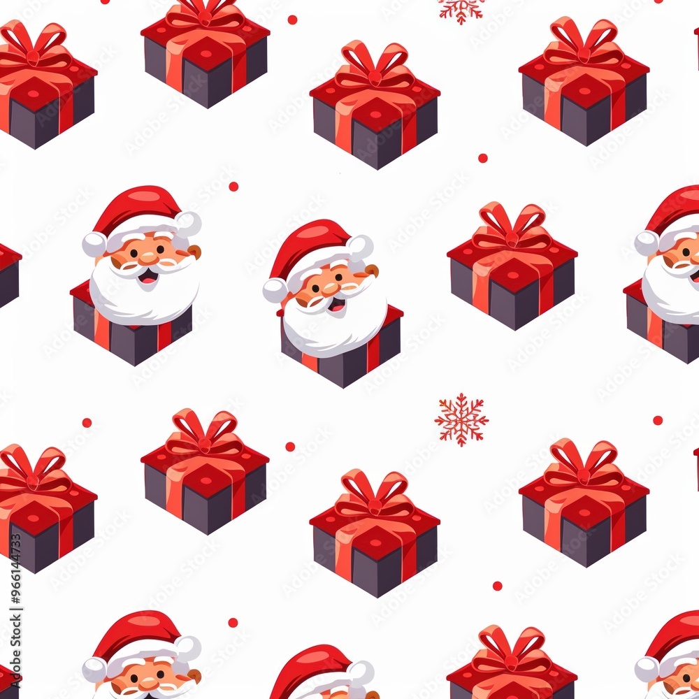 Festive pattern featuring Santa Claus heads and gift boxes with red bows on a white background.
