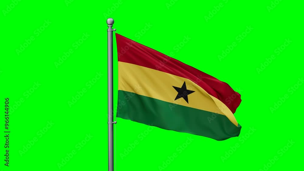 Ghana flag waving in the wind with colored chroma key with green background