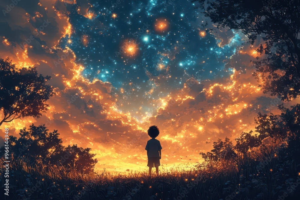 whimsical illustration of boy gazing at starfilled night sky dreamlike quality with soft color palette and intricate celestial details whimsical illustration of boy gazing at starfilled night sky dreamlike quality with soft color palette and intricate celestial details