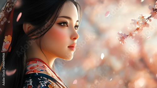 Oriental woman admiring cherry blossoms