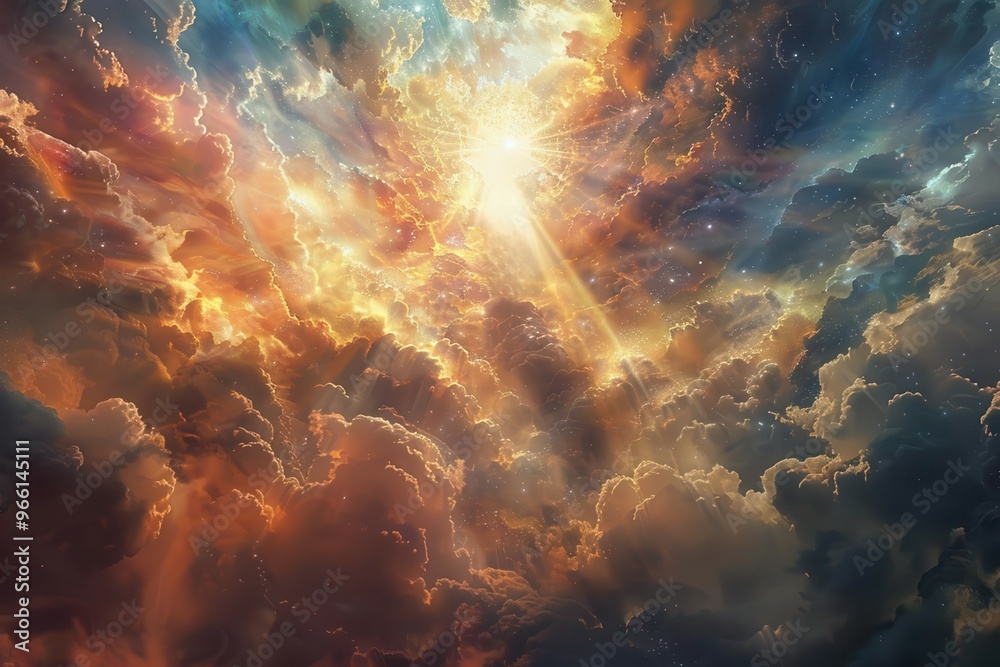 A painting of clouds in heaven surrounded by a bright light background. A painting of clouds in heaven surrounded by a bright light background.