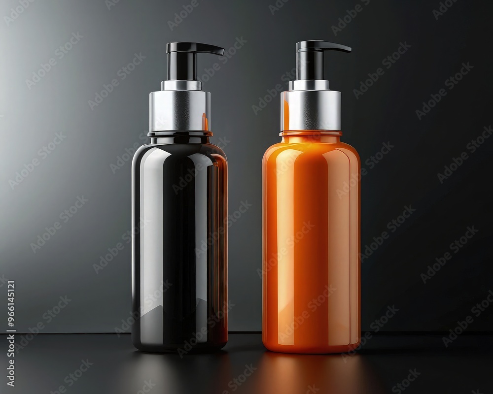 Mockup of luxury cosmetic products, including sleek bottles and containers, displayed elegantly on a matte black background with soft lighting Mockup of luxury cosmetic products, including sleek bottles and containers, displayed elegantly on a matte black background with soft lighting