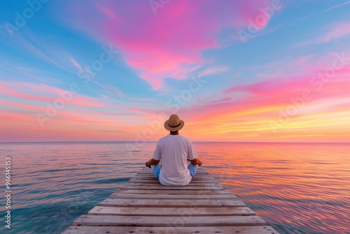 A fisherman patiently waiting on a dock as the sun sets over the ocean Wideangle shot, serene seascape, soft pastel skies photo