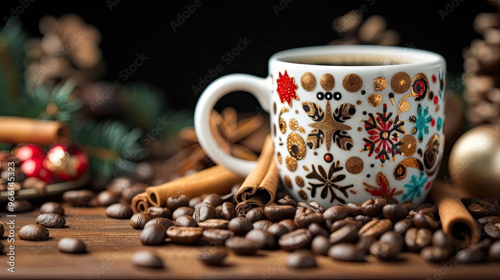 Fototapeta premium A festive holiday scene with coffee beans and spices arranged around a decorative cup, capturing the warmth and cheer of the season, focus cover all object, deep dept of field