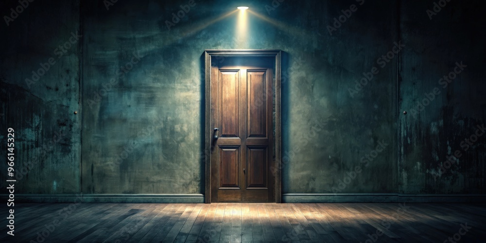 A spooky old dark room with a mysterious shining closed door A spooky old dark room with a mysterious shining closed door