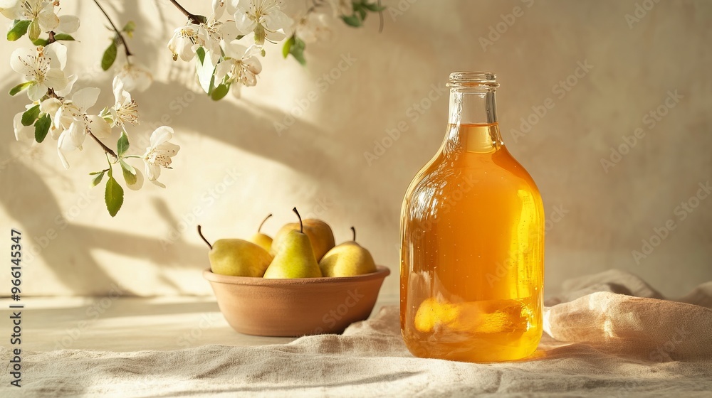 Large Glass Bottle of Honey with Pears and Flowers in Soft Sunlight - AI generated illustration Large Glass Bottle of Honey with Pears and Flowers in Soft Sunlight - AI generated illustration