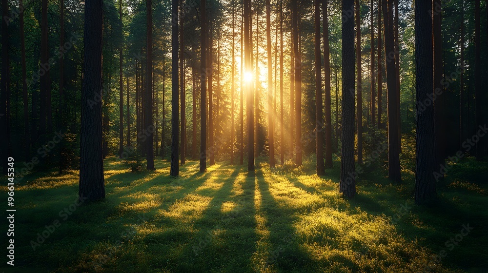Fototapeta premium Sunbeams Illuminating a Forest Floor