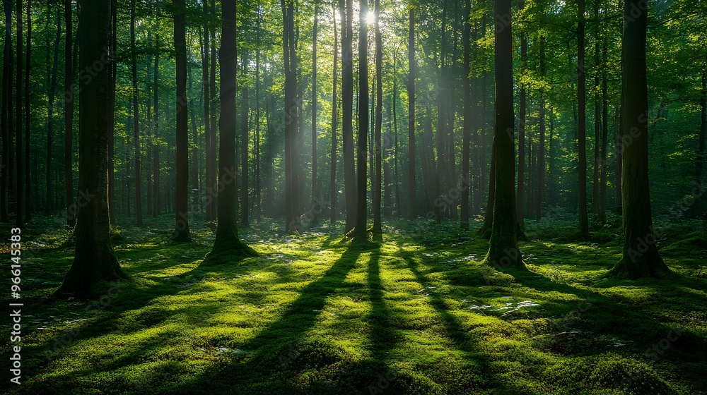 Fototapeta premium Sunbeams Filtering Through a Lush Forest