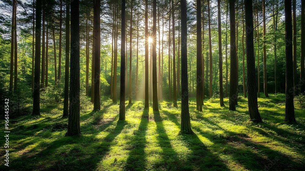 Fototapeta premium Sunlight filtering through tall trees in a lush green forest
