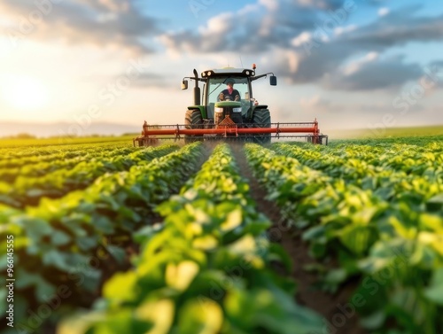 A farmer harvesting crops with a modern tractor, sunny day, wideangle shot, vibrant fields, sense of efficiency, sustainable agriculture, earthy tones,