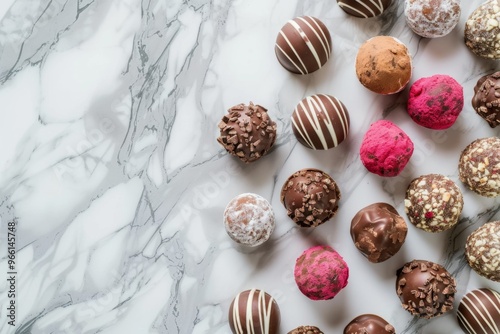 Chocolate truffles, sweets on marble background, scattered chocolates on natural white stone top view photo