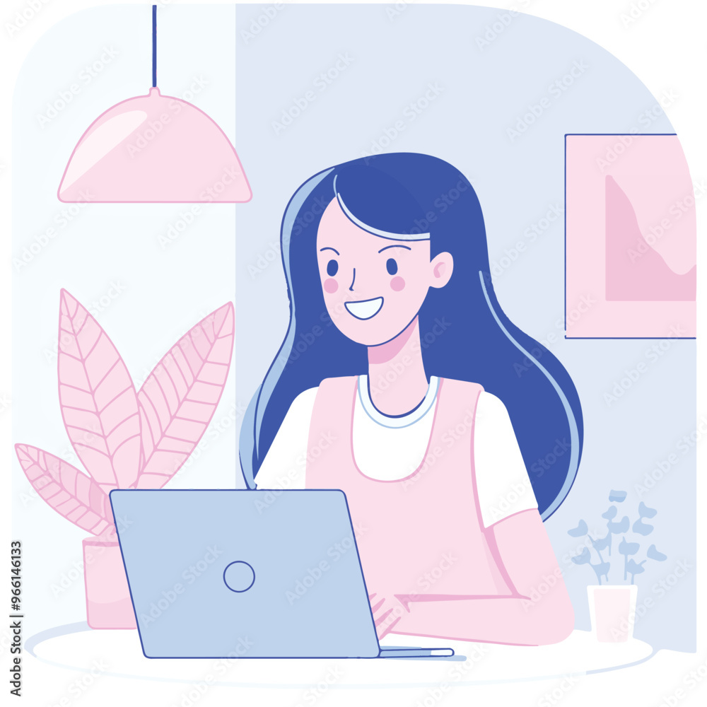 A woman smiling while sitting at her laptop, flat illustration style, white background
A woman smiling while sitting at her laptop, flat illustration style, white background