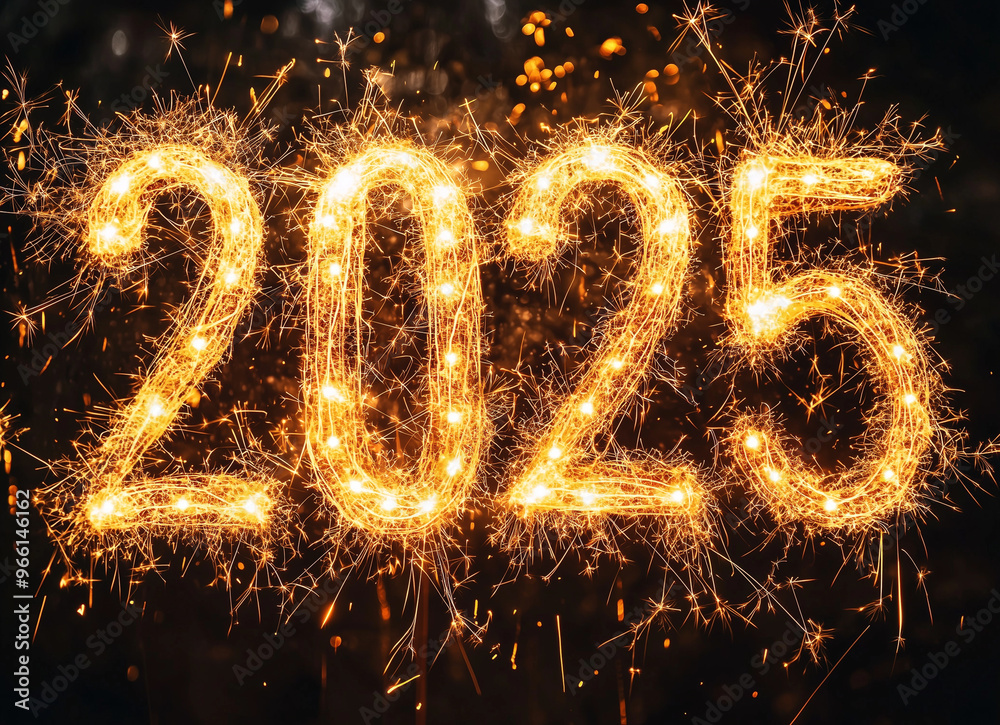 Fireworks illuminate the New Year's celebration for 2025 with sparkling golden text against a vibrant red background Fireworks illuminate the New Year's celebration for 2025 with sparkling golden text against a vibrant red background