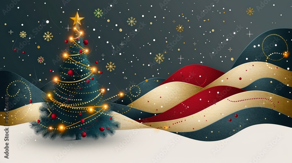 Festive decorated Christmas tree with glowing lights and ornaments, set against a starry night sky with gold and red ribbons. Festive decorated Christmas tree with glowing lights and ornaments, set against a starry night sky with gold and red ribbons.