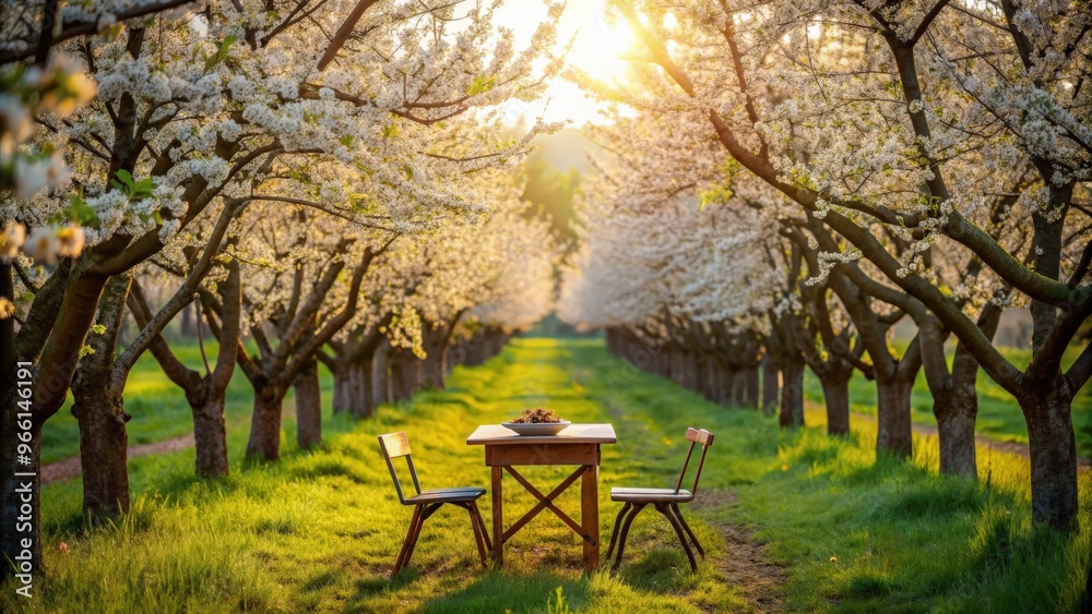 Empty table surrounded by blooming fruit trees in a spring orchard Empty table surrounded by blooming fruit trees in a spring orchard