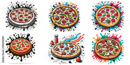 Illustrative style graphic pizza slices with vibrant splashes, perfect for food promotion banner