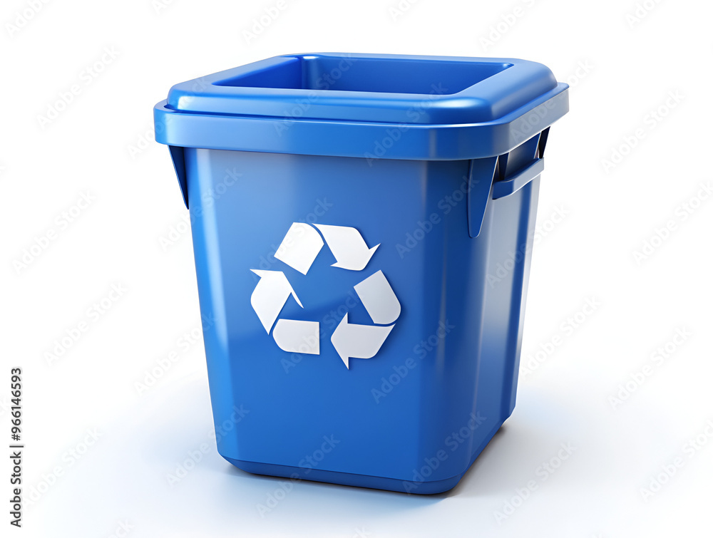 a vibrant blue recycle bin with a crisp white recycling symbol on the front, placed on a clean white background a vibrant blue recycle bin with a crisp white recycling symbol on the front, placed on a clean white background