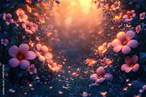 whimsical nighttime garden border bursting with oversized luminous flowers cartoonstyle blossoms frame empty central space magical dreamy atmosphere with soft glowing colors photo