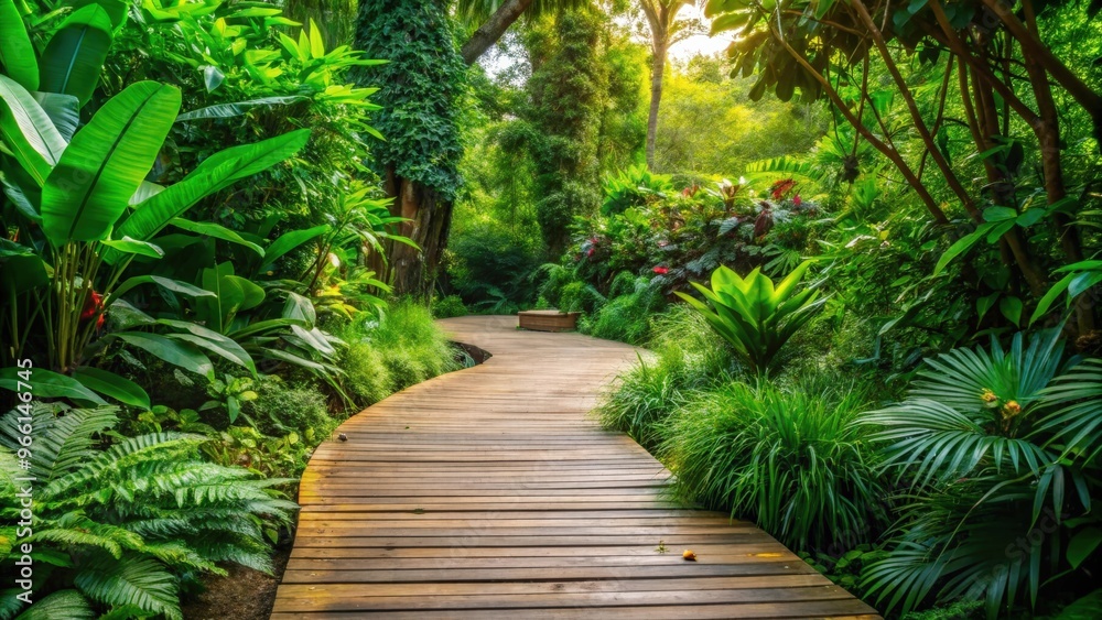 A wood walkway surrounded by lush greenery in a peaceful garden setting A wood walkway surrounded by lush greenery in a peaceful garden setting