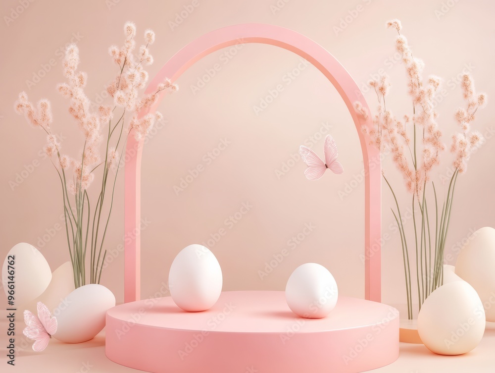 Fototapeta premium Easter Promotions color, Aged Paper style background, empty 3D pedestal podium, 3D render illustration