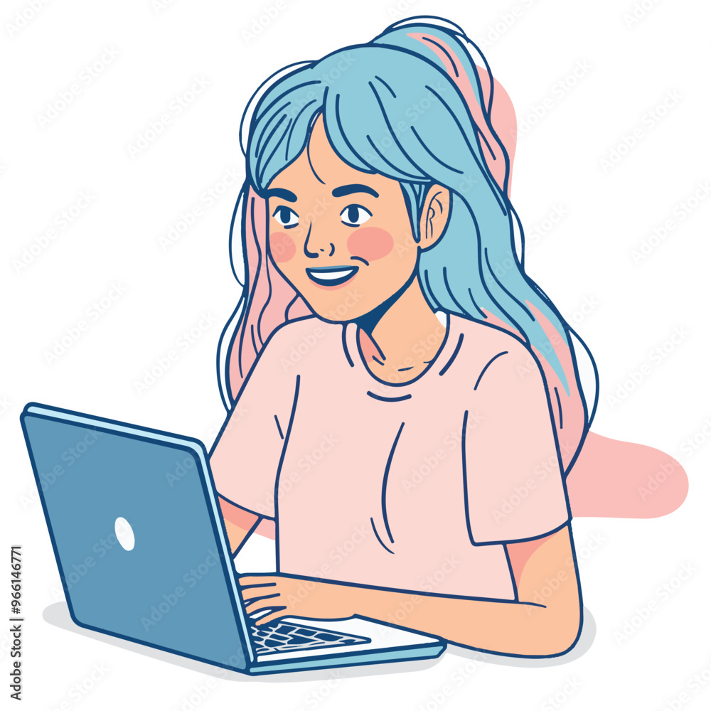 A woman smiling while sitting at her laptop, flat illustration style, white background
A woman smiling while sitting at her laptop, flat illustration style, white background