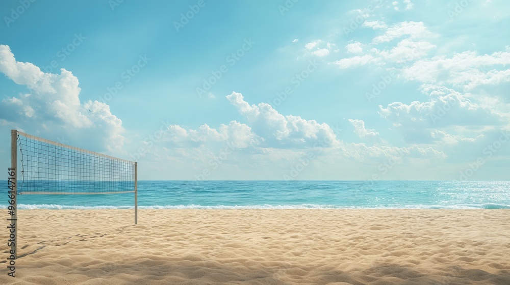 Beach Volleyball Court with Blue Sky and Sea Background - AI generated illustration Beach Volleyball Court with Blue Sky and Sea Background - AI generated illustration