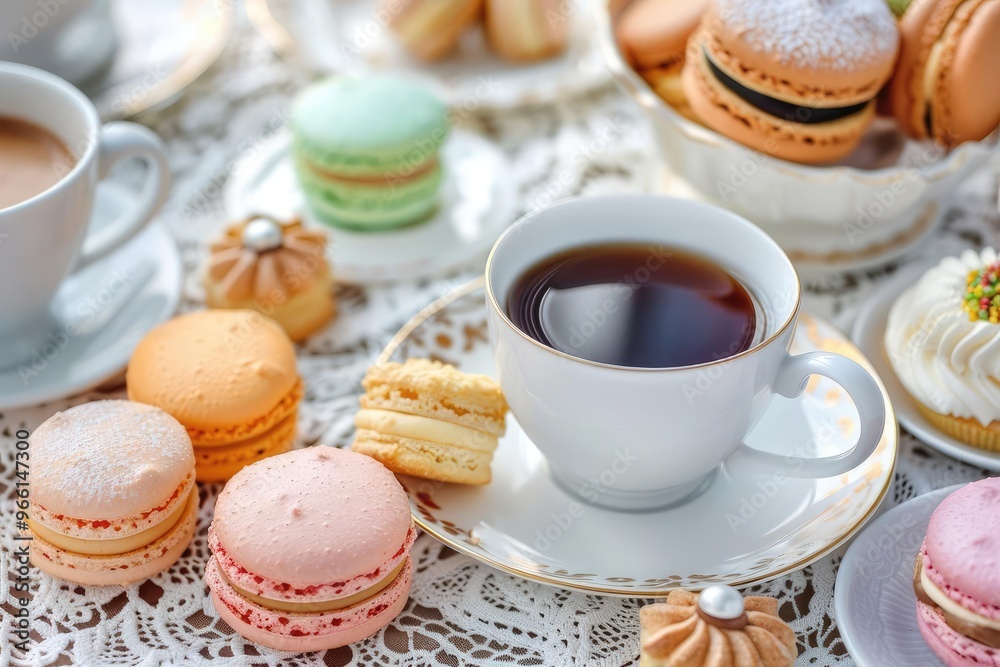 A decadent high tea arrangement with espresso cups and an array of pastries like macarons, petit fours, and scones, set on a delicate lace tablecloth with fine china A decadent high tea arrangement with espresso cups and an array of pastries like macarons, petit fours, and scones, set on a delicate lace tablecloth with fine china