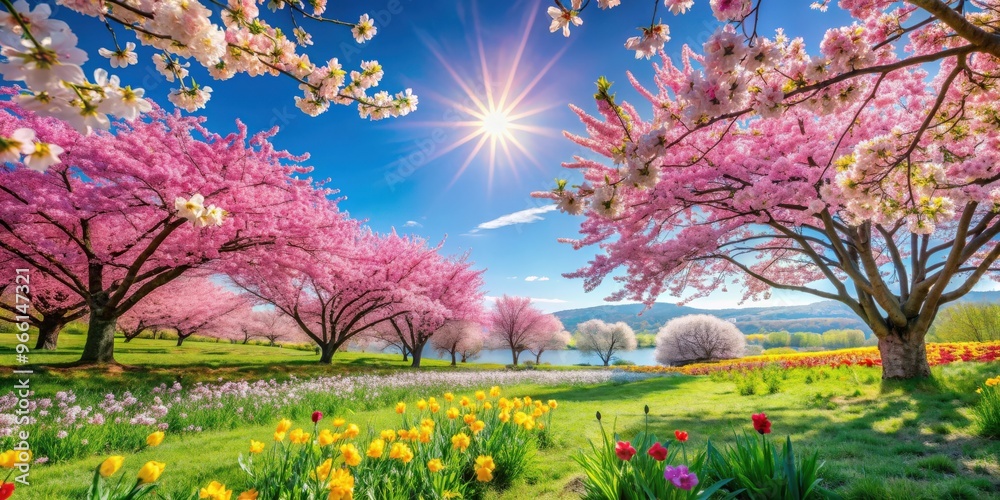 Beautiful and vibrant spring landscape with blooming flowers and clear blue sky Beautiful and vibrant spring landscape with blooming flowers and clear blue sky