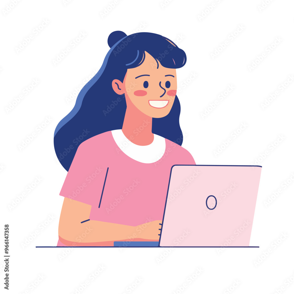 A woman smiling while sitting at her laptop, flat illustration style, white background
A woman smiling while sitting at her laptop, flat illustration style, white background