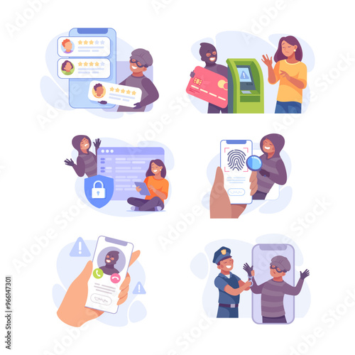 Man Criminal Commit Crime and Theft Vector Set