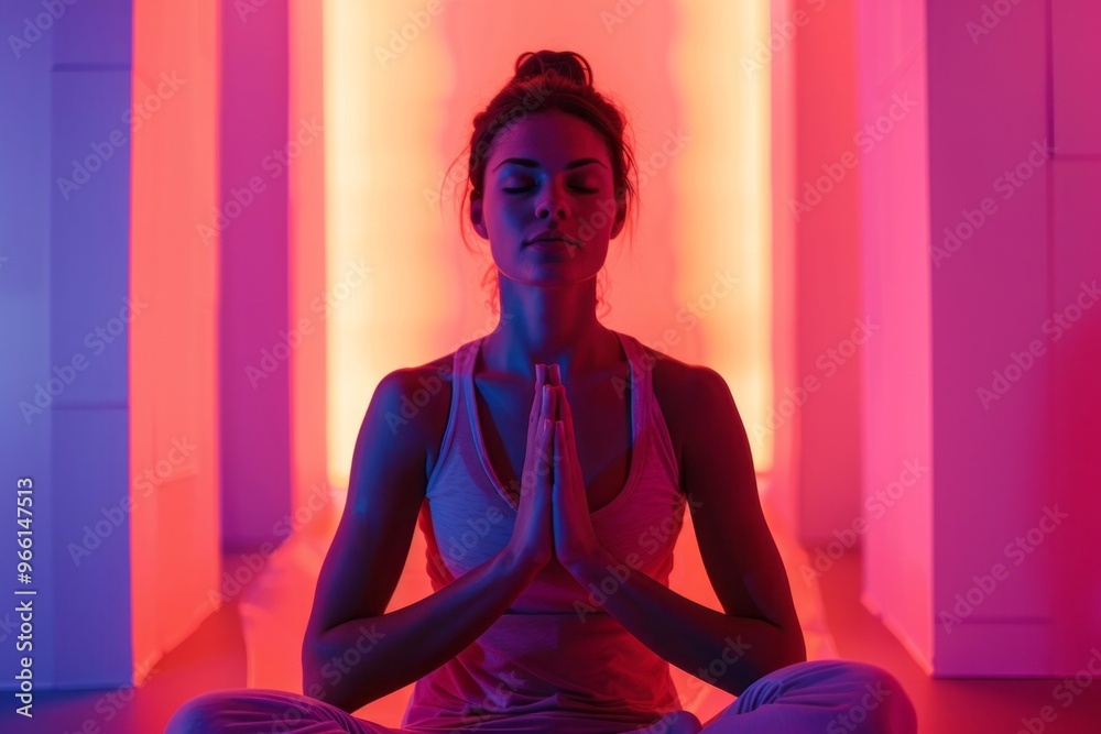 Woman Meditating in Vibrant Lighting Woman Meditating in Vibrant Lighting