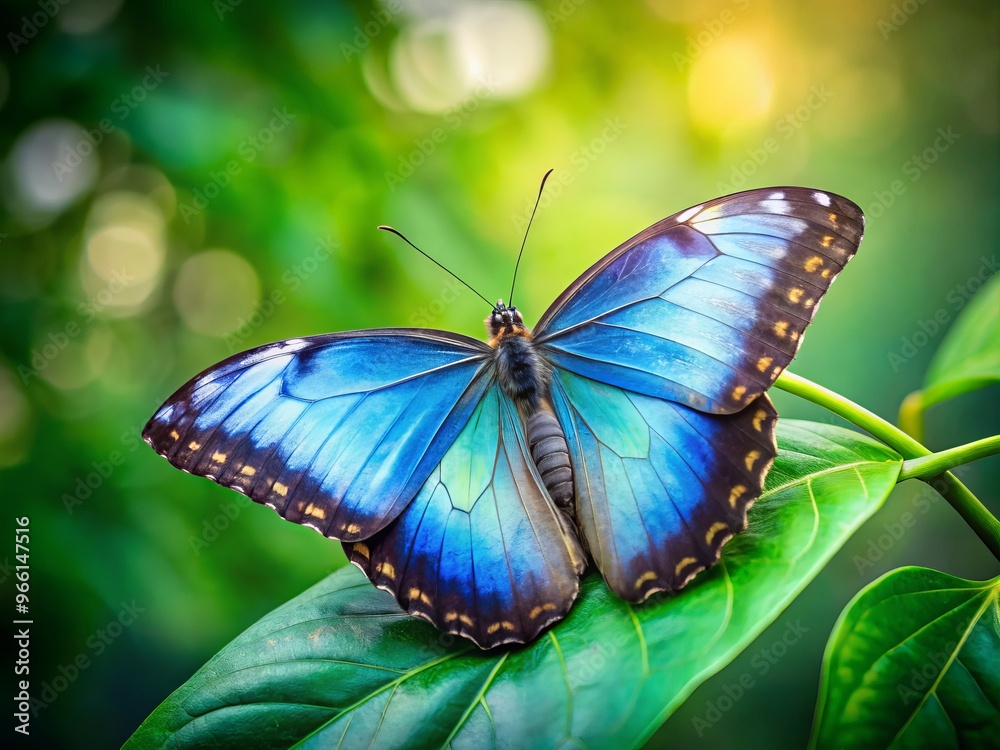 Delicate iridescent blue butterfly perches on a soft green leaf, symbolizing transformation, hope, and renewal in a Delicate iridescent blue butterfly perches on a soft green leaf, symbolizing transformation, hope, and renewal in a